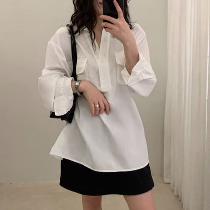 Collared Tie Waist Blouse with V-Neck and Long Sleeves
