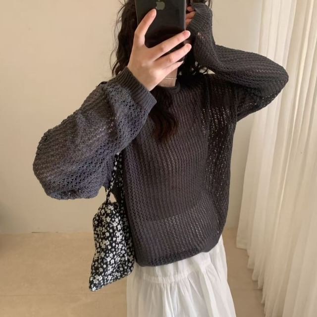 Perforated Knit Top with Long Sleeves and Crew Neck in Solid