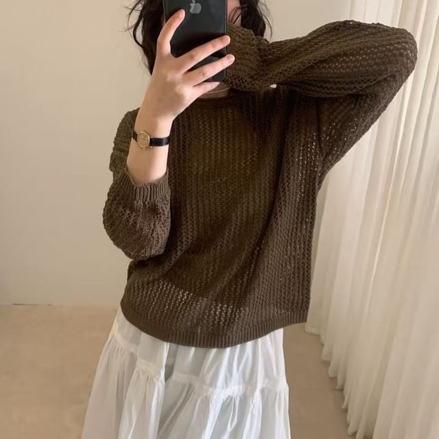Perforated Knit Top with Long Sleeves and Crew Neck in Solid
