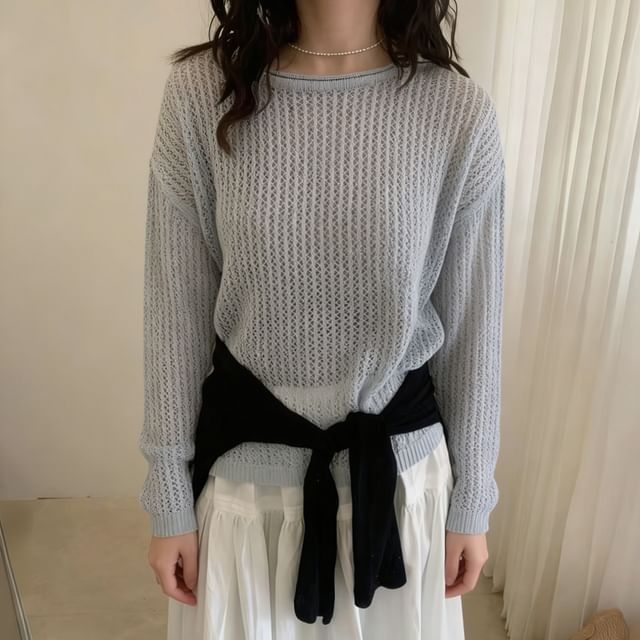 Perforated Knit Top with Long Sleeves and Crew Neck in Solid
