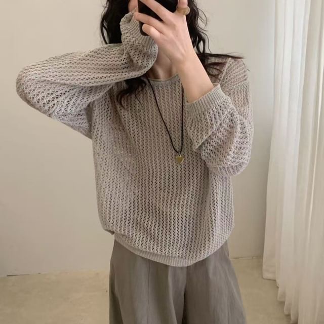 Perforated Knit Top with Long Sleeves and Crew Neck in Solid