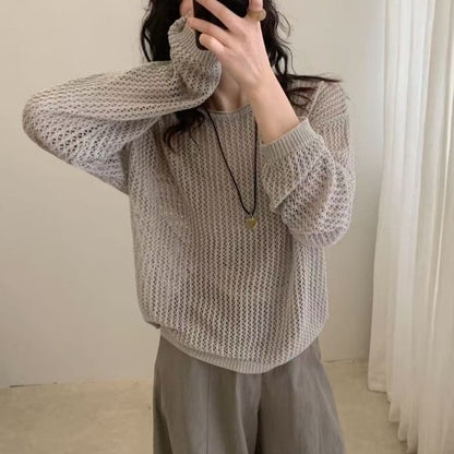 Perforated Knit Top with Long Sleeves and Crew Neck in Solid