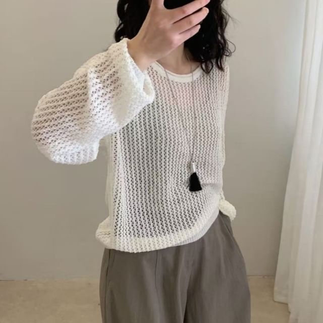 Perforated Knit Top with Long Sleeves and Crew Neck in Solid