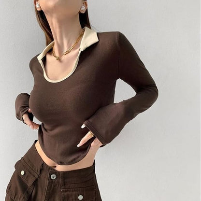 Two-Tone Top with Scoop Neck and Long Sleeves with Collar