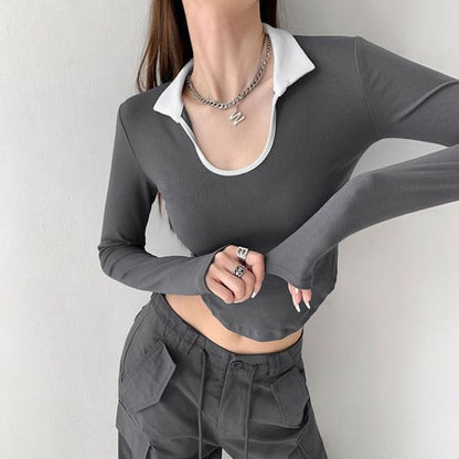 Two-Tone Top with Scoop Neck and Long Sleeves with Collar