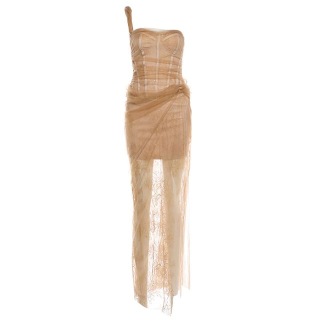 Single Spaghetti Strap Lace Slit Max Bodycon Dress