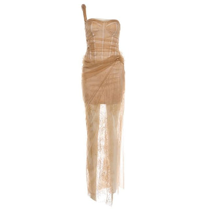 Single Spaghetti Strap Lace Slit Max Bodycon Dress