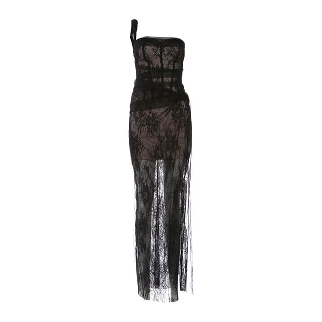 Single Spaghetti Strap Lace Slit Max Bodycon Dress