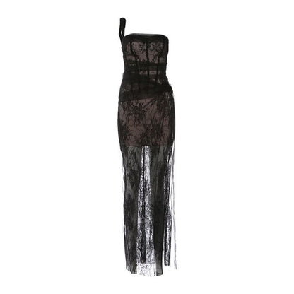 Single Spaghetti Strap Lace Slit Max Bodycon Dress