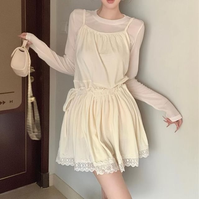 Set: Long-Sleeve Crew Neck Plain T-Shirt + Spaghetti Strap Lace Panel Drawstring Waist Mini A-Line Dress