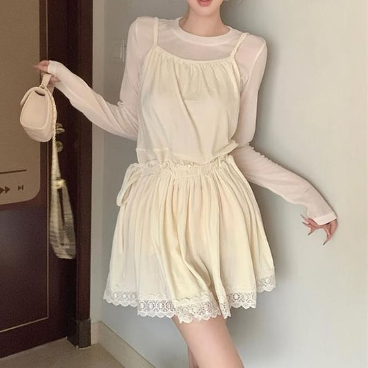 Set: Long-Sleeve Crew Neck Plain T-Shirt + Spaghetti Strap Lace Panel Drawstring Waist Mini A-Line Dress