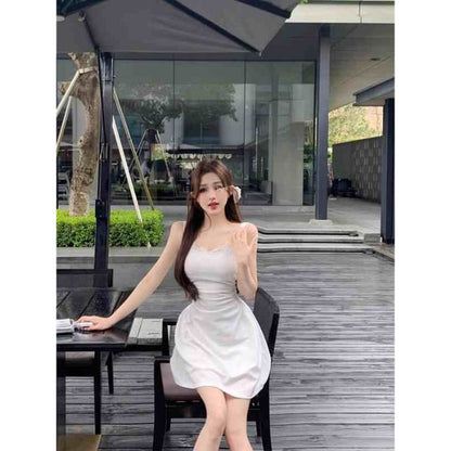 Spaghetti Strap Scoop Neck Plain Lace Trim Ruched Mini A-Line Dress