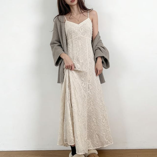 Spaghetti Strap V-Neck Lace Maxi A-Line Dress