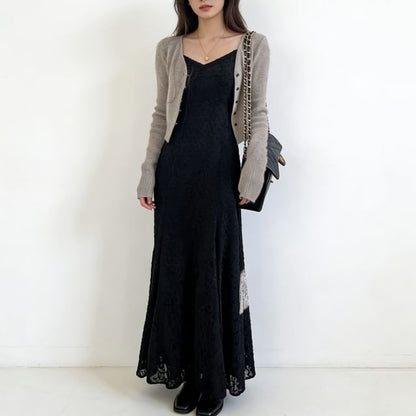 Spaghetti Strap V-Neck Lace Maxi A-Line Dress
