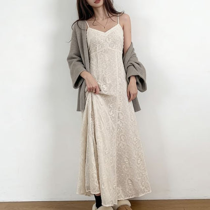 Spaghetti Strap V-Neck Lace Maxi A-Line Dress