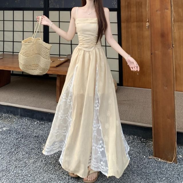 Spaghetti Strap Plain Ruched Lace Panel Maxi A-Line Dress