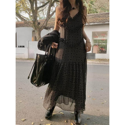 Spaghetti Strap V-Neck Dotted Maxi A-Line Dress