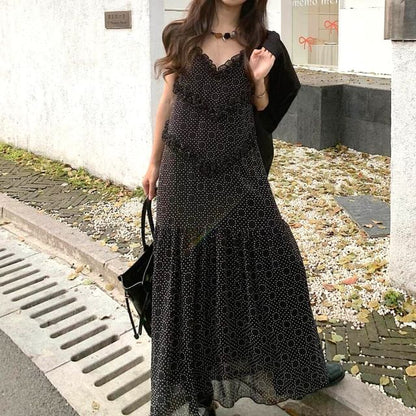 Spaghetti Strap V-Neck Dotted Maxi A-Line Dress