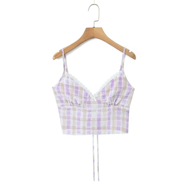Spaghetti Strap V-Neck Plaid Crop Camisole Top / Mid Rise Plaid Mermaid Skirt