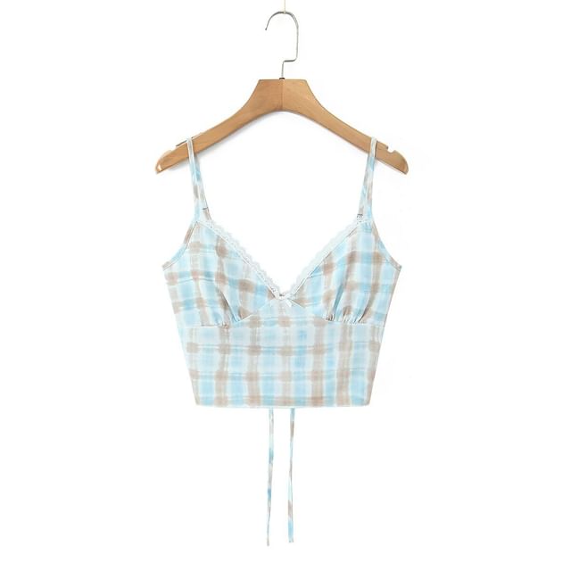 Spaghetti Strap V-Neck Plaid Crop Camisole Top / Mid Rise Plaid Mermaid Skirt