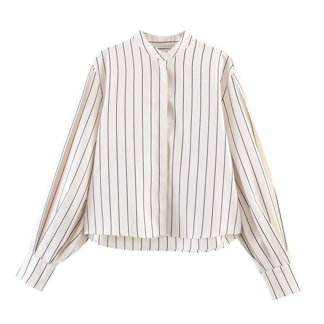 Long-Sleeve Band Collar Striped Shirt / Mid Rise Pleated Wide Leg Pants