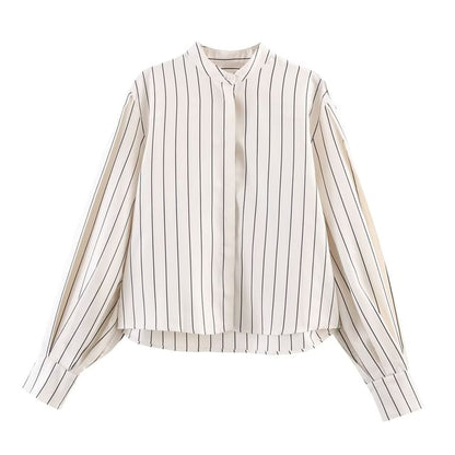 Long-Sleeve Band Collar Striped Shirt / Mid Rise Pleated Wide Leg Pants