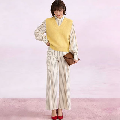 Long-Sleeve Band Collar Striped Shirt / Mid Rise Pleated Wide Leg Pants