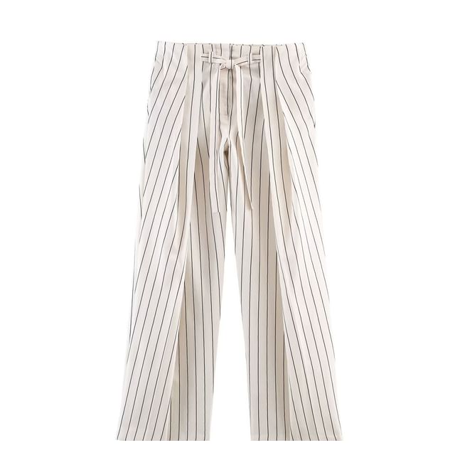 Long-Sleeve Band Collar Striped Shirt / Mid Rise Pleated Wide Leg Pants