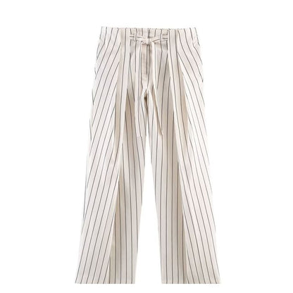 Long-Sleeve Band Collar Striped Shirt / Mid Rise Pleated Wide Leg Pants