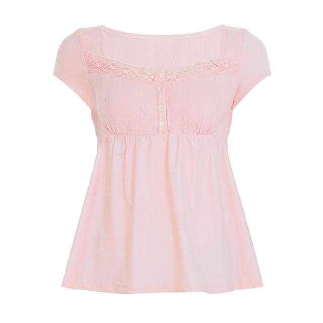 Short Sleeve Square Neck Lace-Trim Half-Button A-Line Babydoll Top