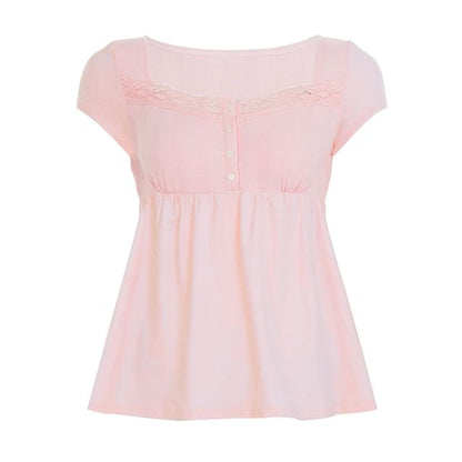 Short Sleeve Square Neck Lace-Trim Half-Button A-Line Babydoll Top
