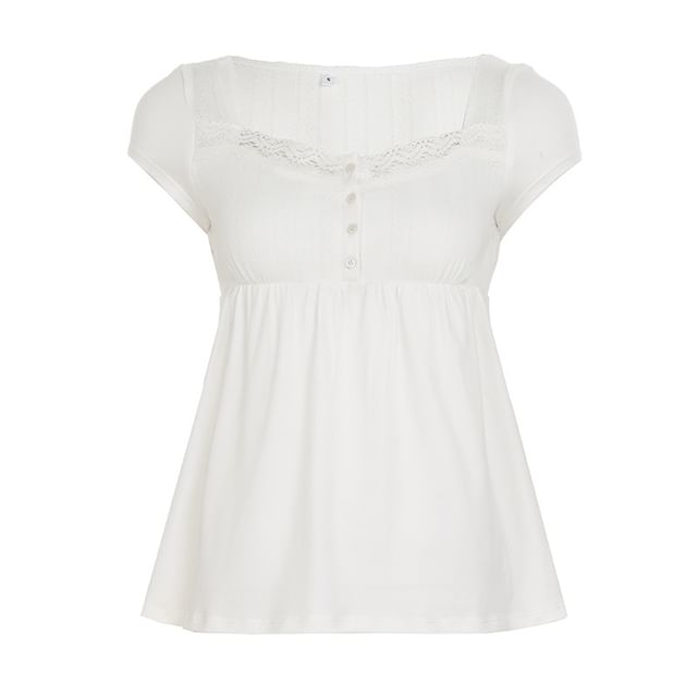 Short Sleeve Square Neck Lace-Trim Half-Button A-Line Babydoll Top