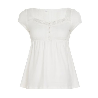 Short Sleeve Square Neck Lace-Trim Half-Button A-Line Babydoll Top