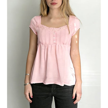 Short Sleeve Square Neck Lace-Trim Half-Button A-Line Babydoll Top