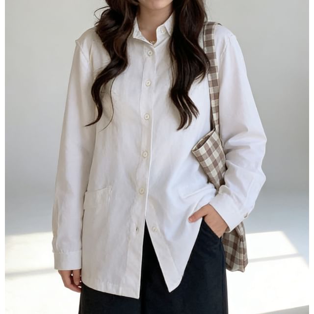 Collared Long-Sleeve Plain Shirt