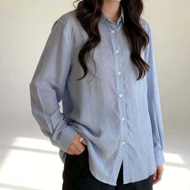 Collared Long-Sleeve Plain Shirt