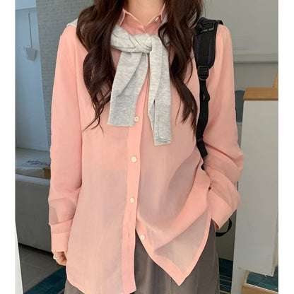 Collared Long-Sleeve Plain Shirt