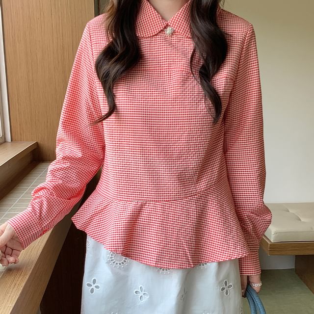 Plaid Peplum Asymmetric Collared Blouse