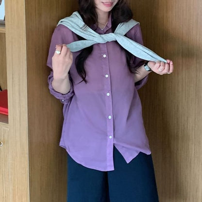 Collared Long-Sleeve Plain Shirt
