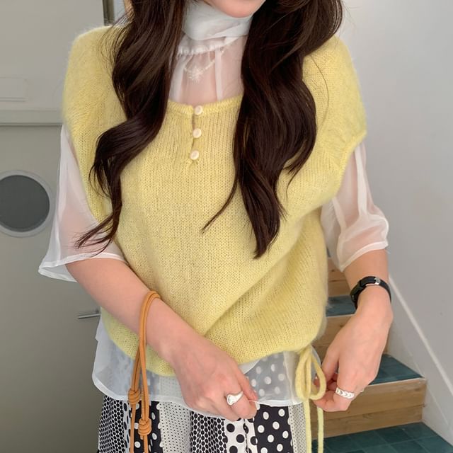 Scoop-Neck Cap-Sleeve Drawstring Top
