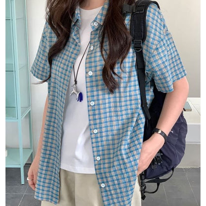 Collared Plaid Short-Sleeve Shirt