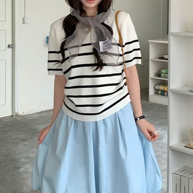 Striped V-Neck Short-Sleeve Knit