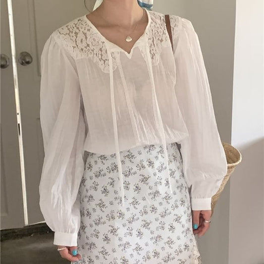 Long Sleeve Tie Neck Plain Panel Lace Blouse