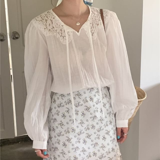 Long Sleeve Tie Neck Plain Panel Lace Blouse