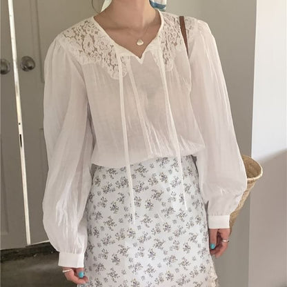 Long Sleeve Tie Neck Plain Panel Lace Blouse