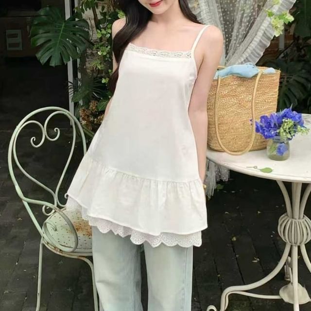 Plain Ruffle Lace Trim Camisole Top