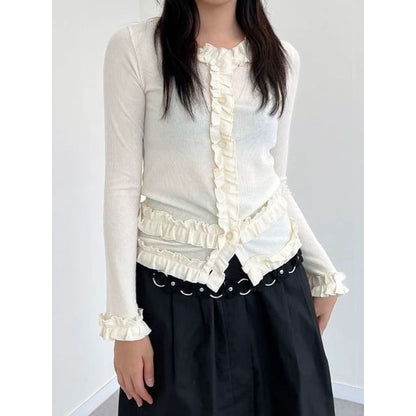 Frilled Long-Sleeve Button Blouse with Plain Finish