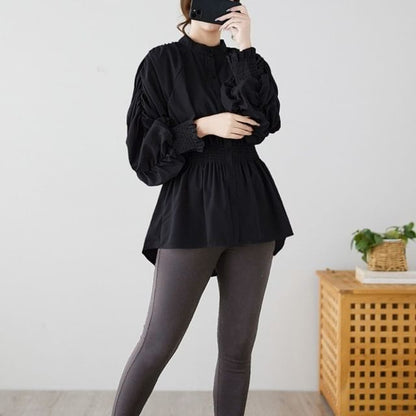 Ruché Stand-Collar Long-Sleeve Blouse