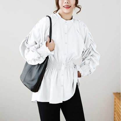 Ruché Stand-Collar Long-Sleeve Blouse
