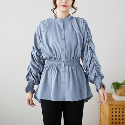 Ruché Stand-Collar Long-Sleeve Blouse